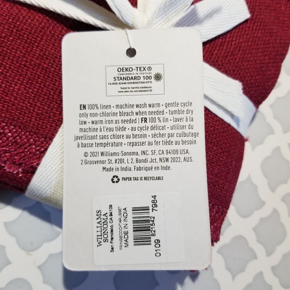 Williams Sonoma Cocktail Napkins Set of 4 Made in India 100% Linen NEW Fringe - Picture 3 of 4